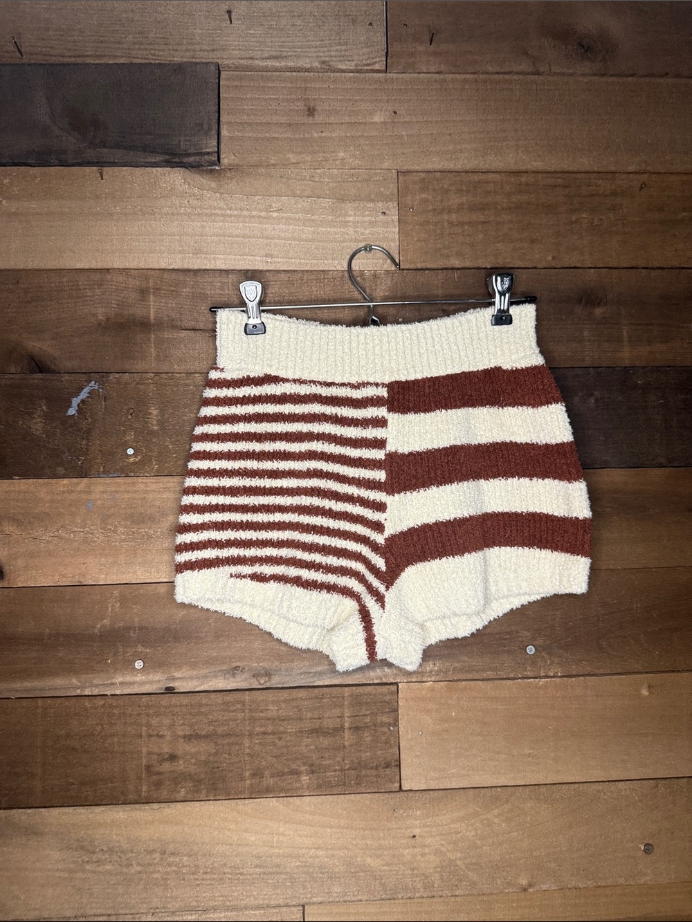 Free People High-Waist Striped Knit Shorts in Cream & Brown
